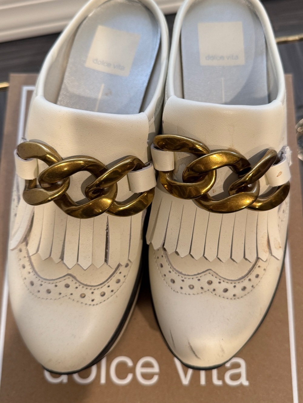 Dolce Vita Cream Fringe Wedge Loafers with Chunky Gold Chain